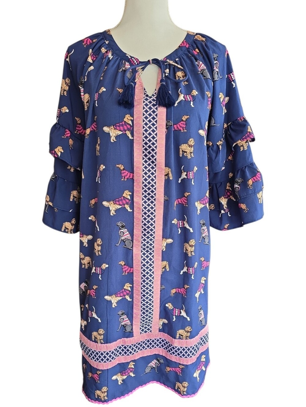 Simply Southern Ruffled Sleeve Dress Size XL Dog Print Navy & Pink - Picture 2 of 10